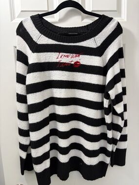 Marilyn Monroe Black & White Striped Crewneck Sweater with Red Lip Embroidery